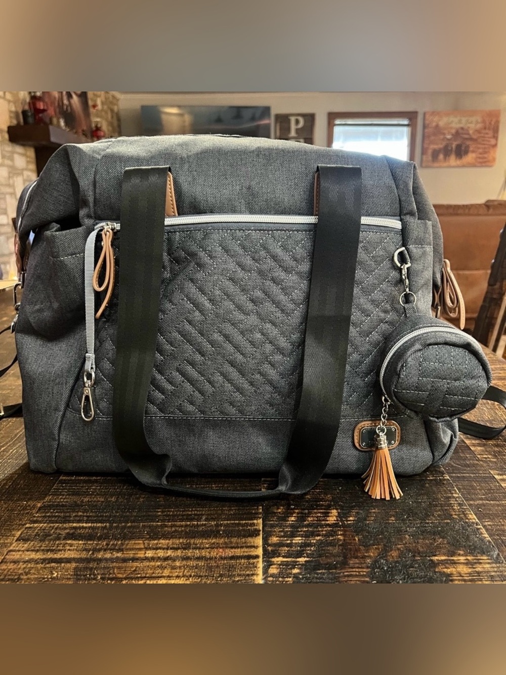 Quilted Gray Baby Diaper Bag Tote with Tassel Charm